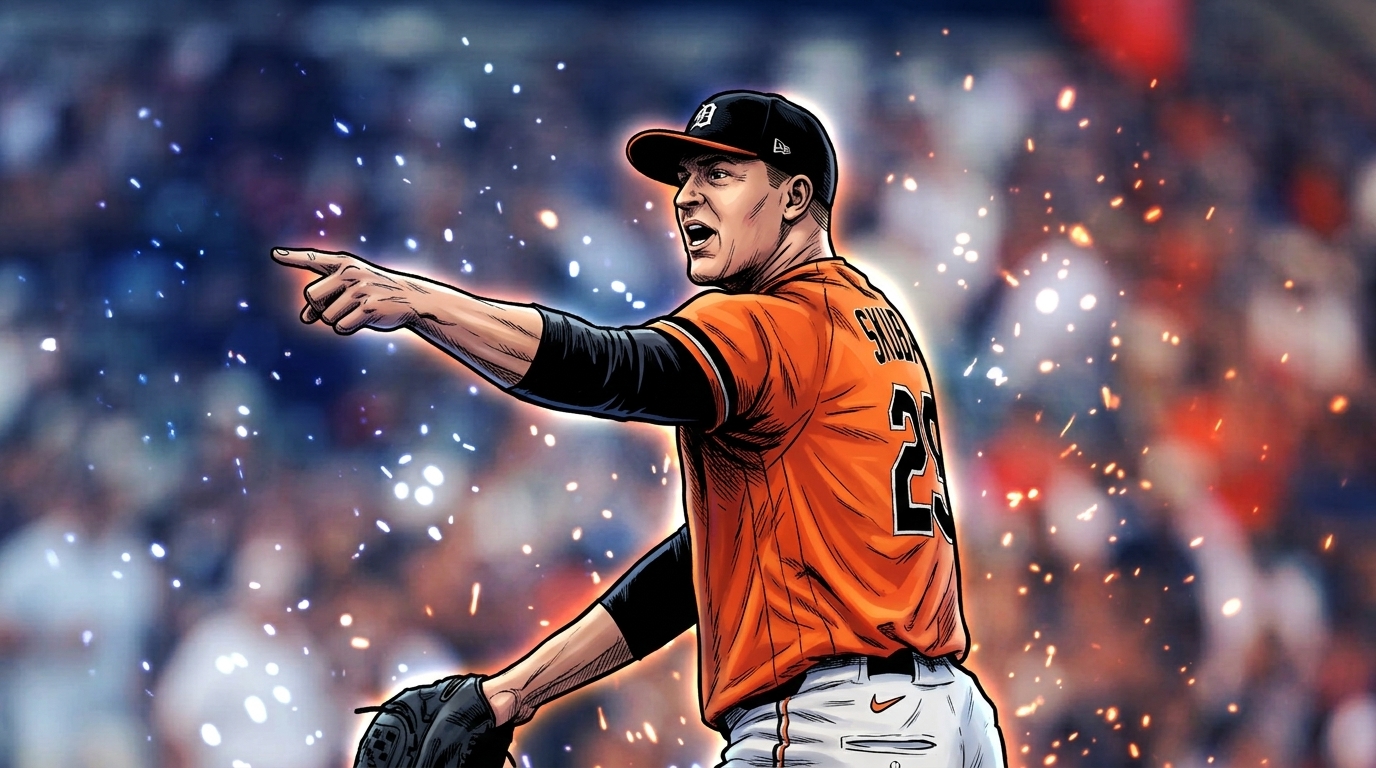 Tarik Skubal in orange Tigers jersey pointing, comic book particle effects style