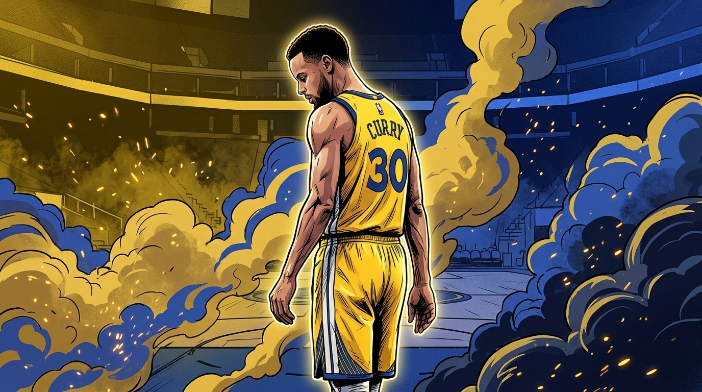 Stephen Curry rendered as a comic book illustration walking through smoke and sparks in his Golden State Warriors jersey, CURRY 30 visible on the back -- Swipe Sports