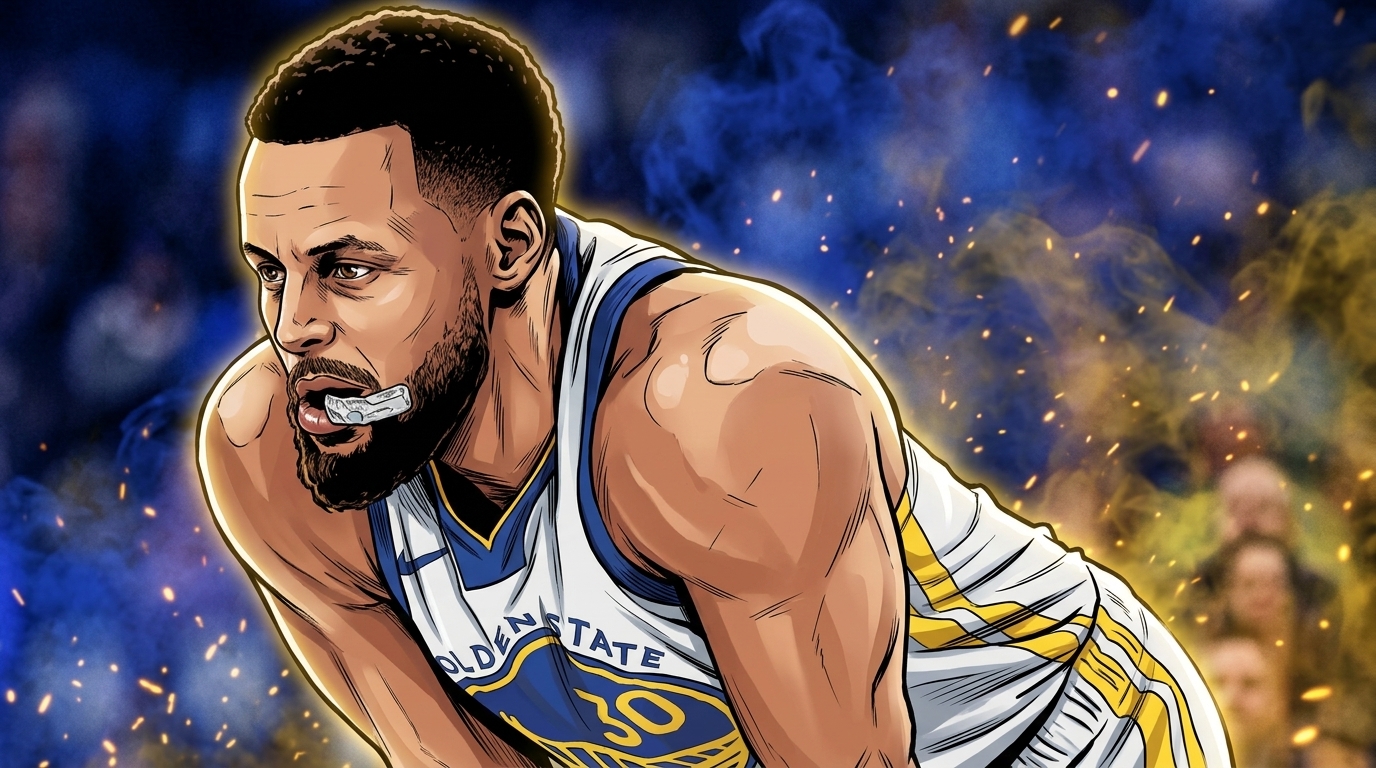 Comic-style illustration of Stephen Curry in his Golden State Warriors home jersey, bent forward with his mouthguard out, blue smoke and gold sparks washing the arena background -- Swipe Sports