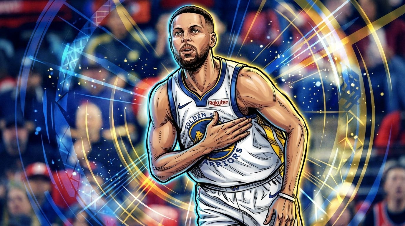 Comic-style illustration of Stephen Curry in his Golden State Warriors home jersey, blue and gold shockwave energy rings washing the arena background -- Swipe Sports