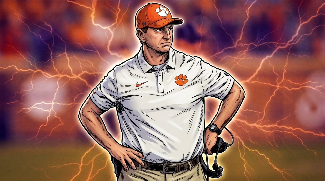 Comic-style illustration of Dabo Swinney standing on the sideline with hands on hips in a white Clemson polo and orange cap, electric energy lightning effect, blurred stadium background