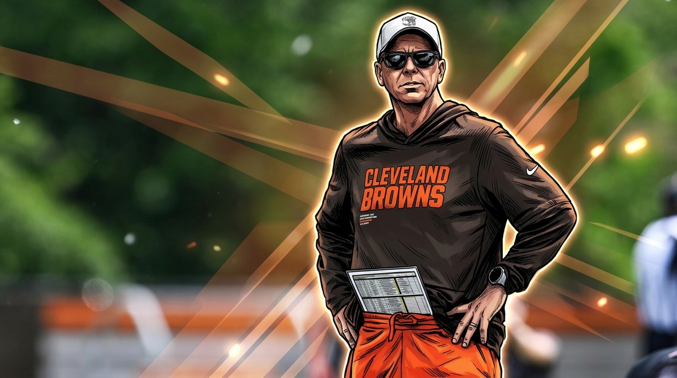 Cleveland Browns head coach Todd Monken in comic book illustration style, wearing a brown Cleveland Browns hoodie with orange lettering, white cap, and sunglasses, hands on hips on a practice field, orange geometric light streaks in the background.