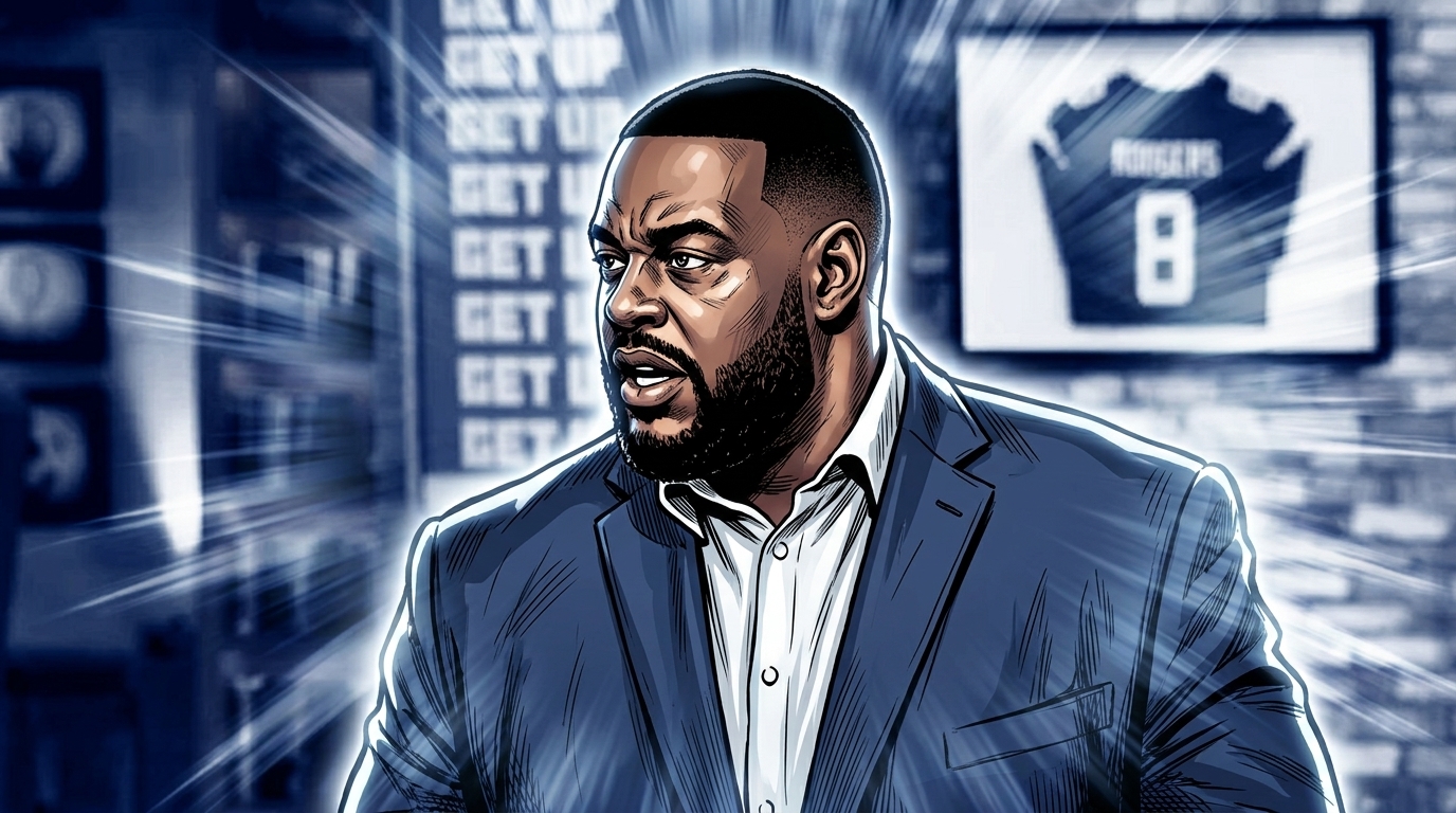 Comic book illustration of Damien Woody in a navy suit and white dress shirt on the Get Up broadcast set, blue color wash with shockwave speed-line effects
