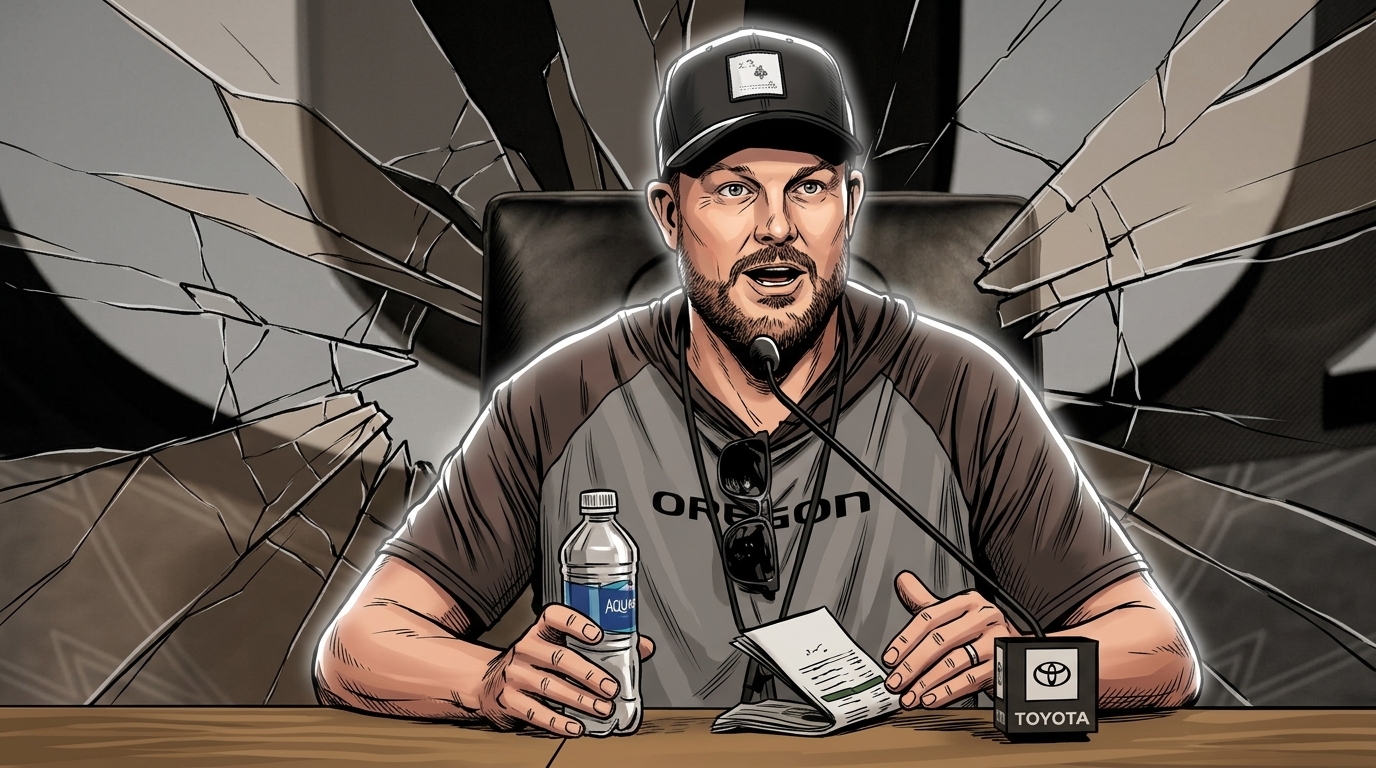 Dan Lanning in comic book illustration style, wearing a gray and brown Oregon quarter-zip and black cap, seated at a press conference podium with a shattered-glass effect over an Oregon Ducks step-and-repeat backdrop.