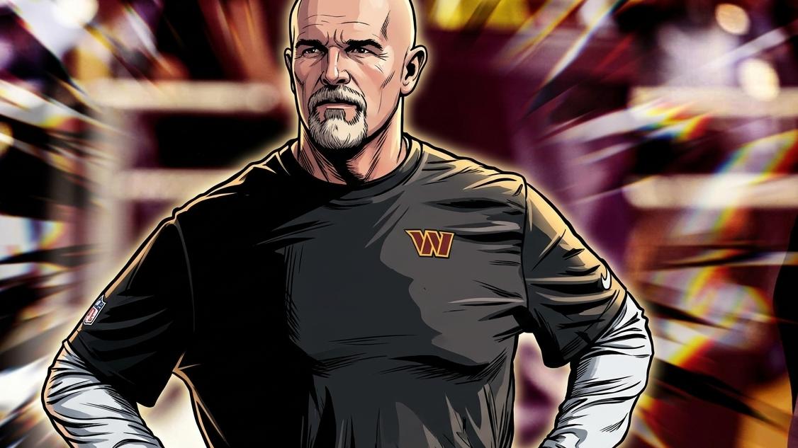 Comic-style illustration of Washington Commanders head coach Dan Quinn in black sideline gear with the Commanders 'W' logo, hand on hip, chromatic light-streak effects over a blurred stadium background