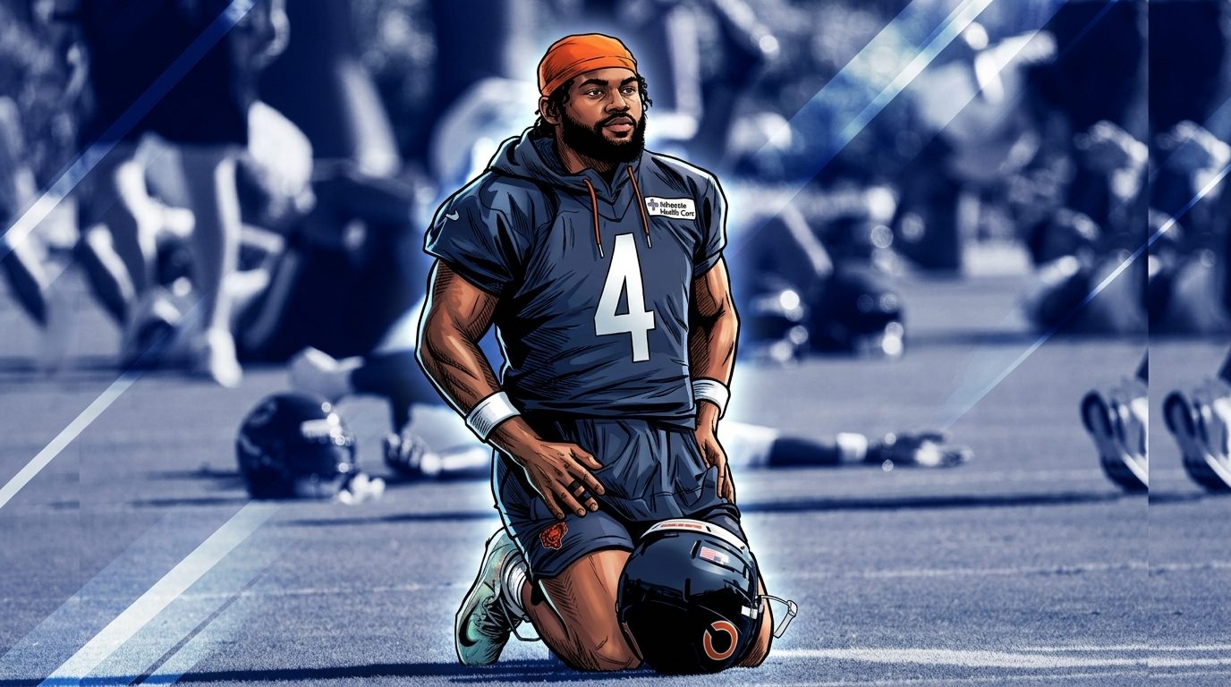 D'Andre Swift in comic style kneeling at Bears practice in a navy #4 jersey, blue geometric light-streak effect over the training-camp background — Swipe Sports