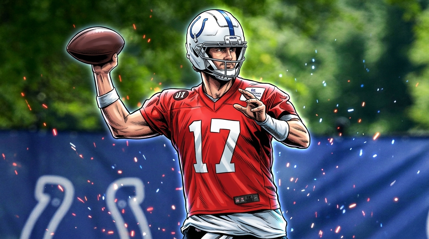 Comic-style illustration of Daniel Jones in a red Colts practice jersey mid-throwing motion, white helmet with blue horseshoe logo, particle field and floating embers effect over a practice-field background