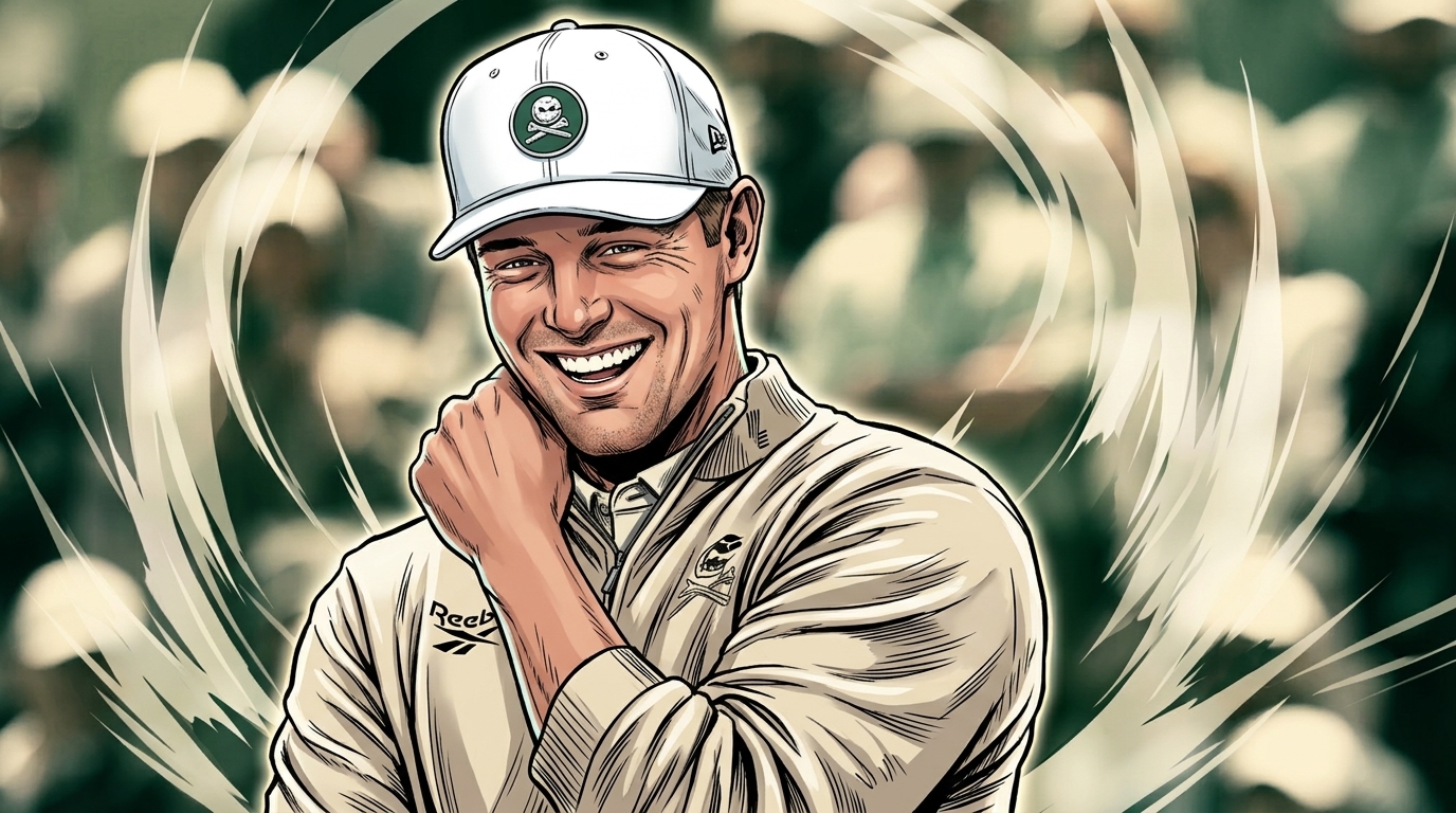 Comic-style illustration of Bryson DeChambeau smiling in Crushers GC gear with a shockwave effect background