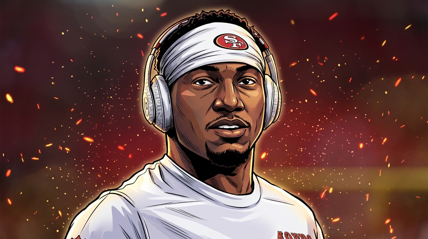 Comic-style rendering of Deebo Samuel in 49ers pregame gear with a white headband and headphones, particle field and floating embers effect over a blurred red stadium background