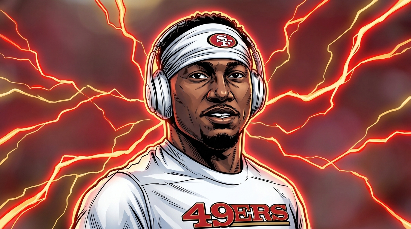 Comic-style illustration of Deebo Samuel in a white 49ers pregame top and SF-logo headband with red and gold electric-energy effects