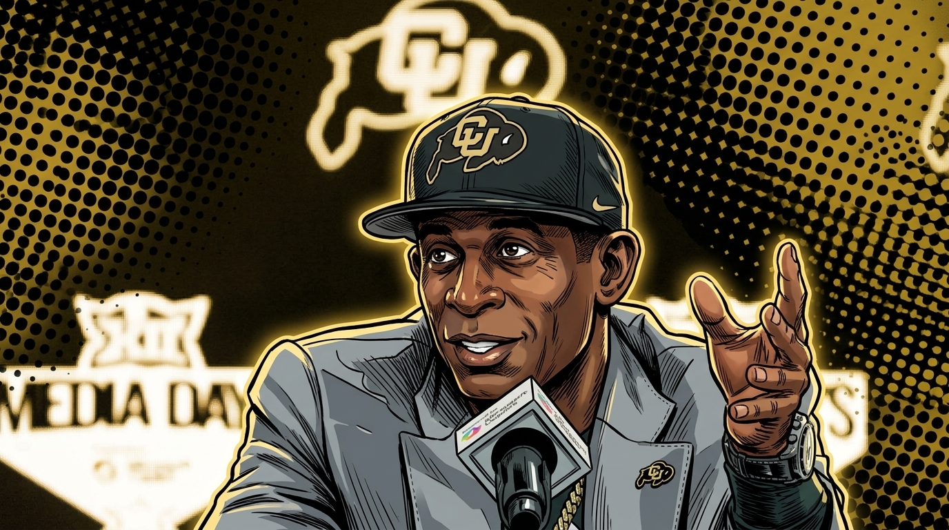 Deion Sanders in a gray suit and black Colorado Buffaloes cap, comic-style illustrated portrait with black and gold halftone dot effect, speaking at a Big 12 Media Days podium