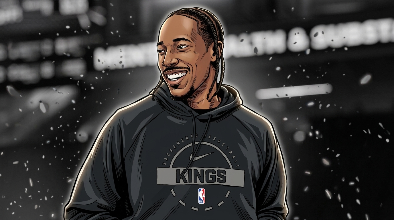 DeMar DeRozan smiling in a Sacramento Kings hoodie, comic-style illustration - Swipe Sports