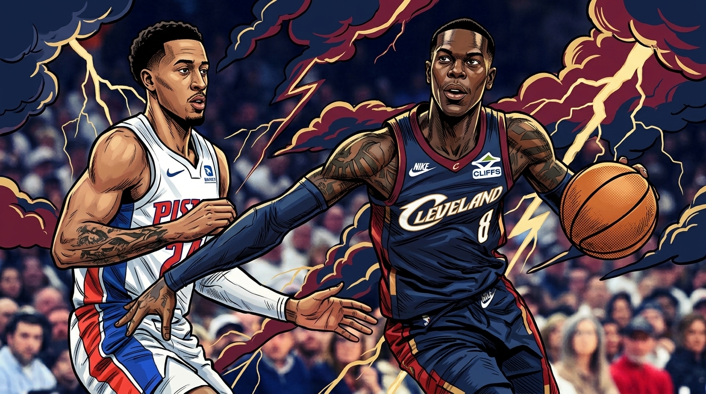 Comic-style illustration of Dennis Schroder in a navy Cleveland Cavaliers jersey driving past a Detroit Pistons defender, storm-and-lightning effect background — editorial image for the Schroder-Hornets trade.