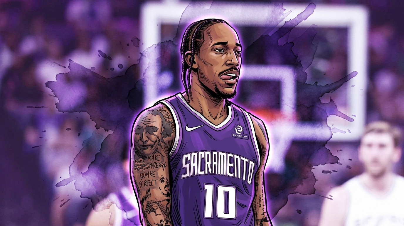 Comic-book styled illustration of DeMar DeRozan in a purple Sacramento Kings jersey with a purple ink-wash and watercolor bleed effect