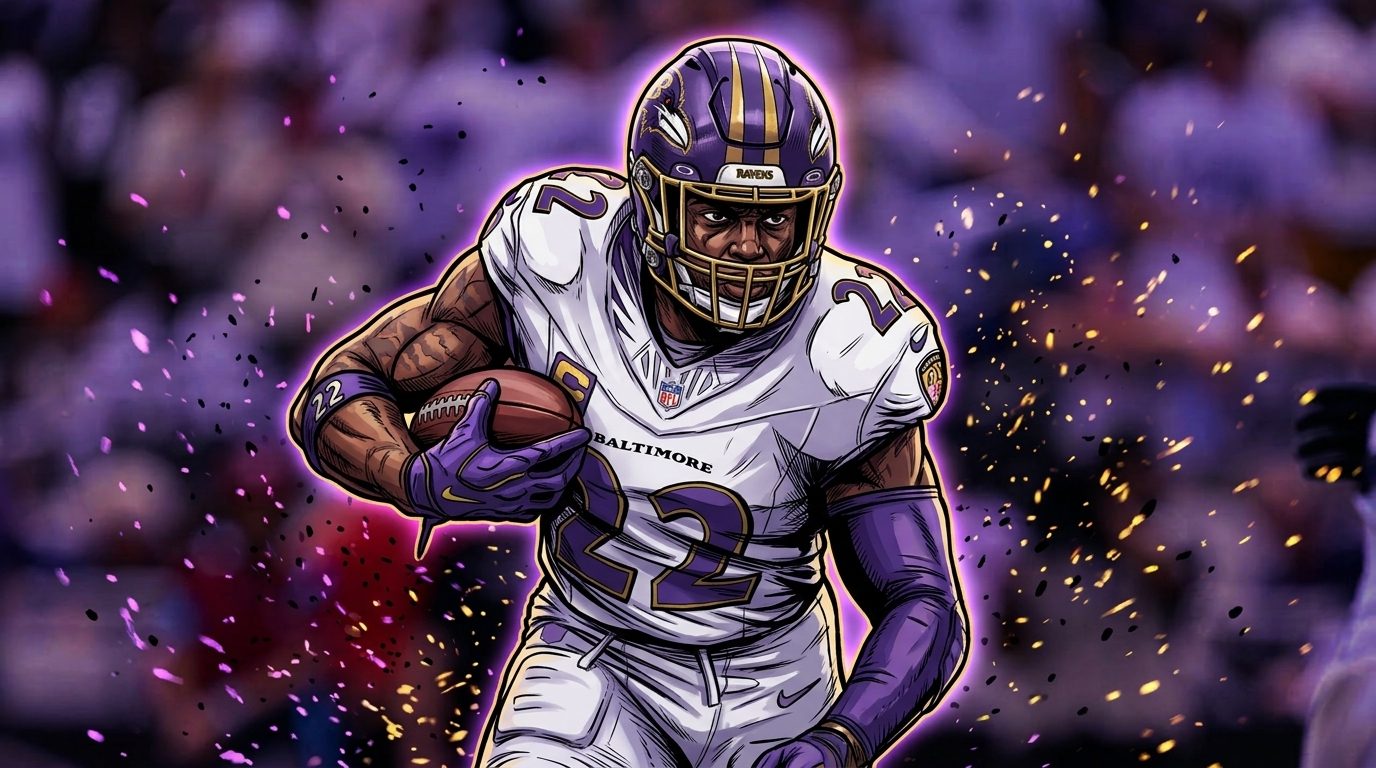 Comic-style illustration of Derrick Henry running with the ball in the white Baltimore Ravens away game uniform and purple game helmet, floating-ember spark effect, blurred stadium crowd background