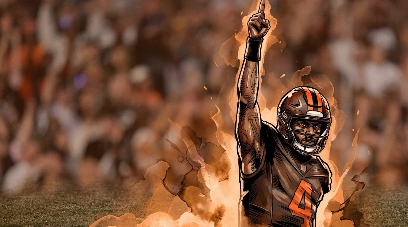 Comic-style illustration of Cleveland Browns quarterback Deshaun Watson in his brown jersey and helmet, pointing skyward, blurred stadium crowd background with warm orange ink-wash and watercolor-bleed effect, Swipe Sports