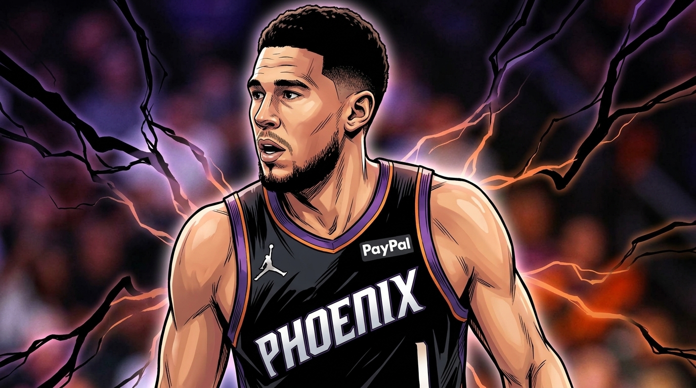 Devin Booker in Phoenix Suns jersey, comic-style illustration with electric energy lightning-bolt effect and purple/orange wash, dark blurred arena crowd background
