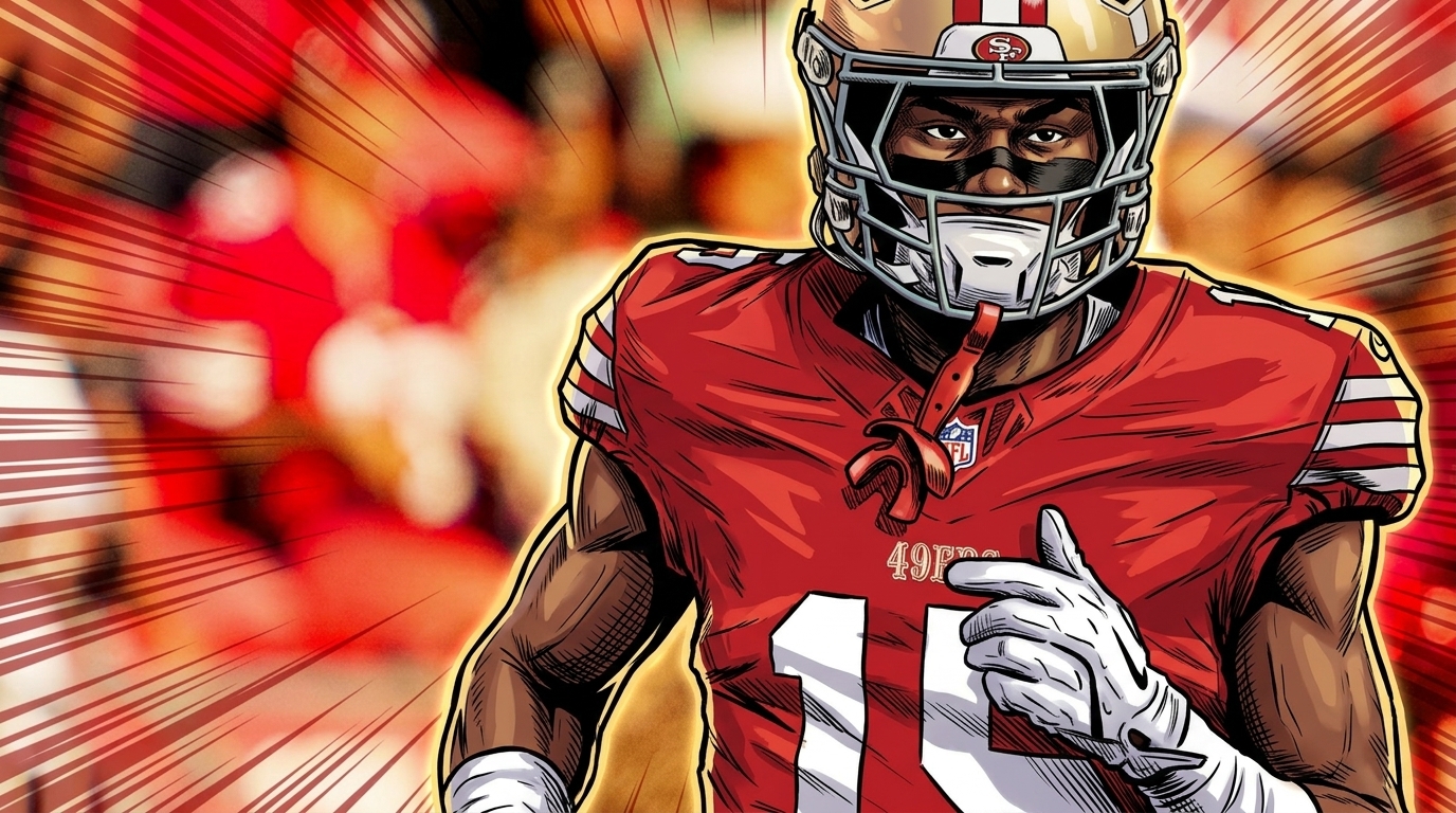 Comic-style illustration of De'Zhaun Stribling in a San Francisco 49ers home jersey, red shockwave energy effect radiating around him