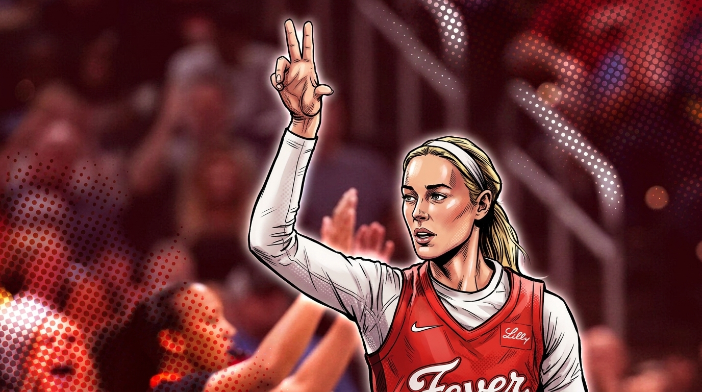 Comic-style illustration of Sophie Cunningham in an Indiana Fever jersey raising three fingers, halftone dot effect over a blurred arena crowd background