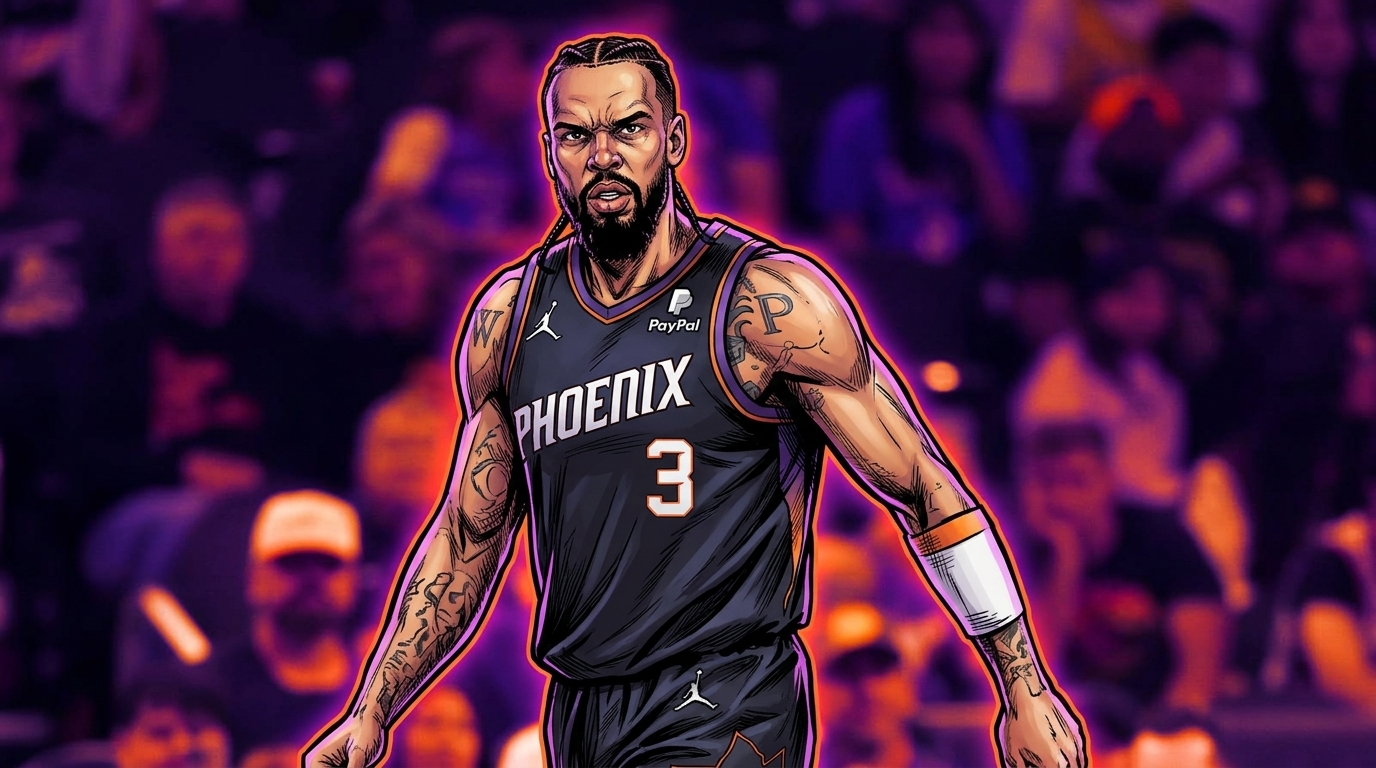 Dillon Brooks in Phoenix Suns jersey, comic-style illustration with neon rim glow effect and purple/orange wash, blurred arena crowd background