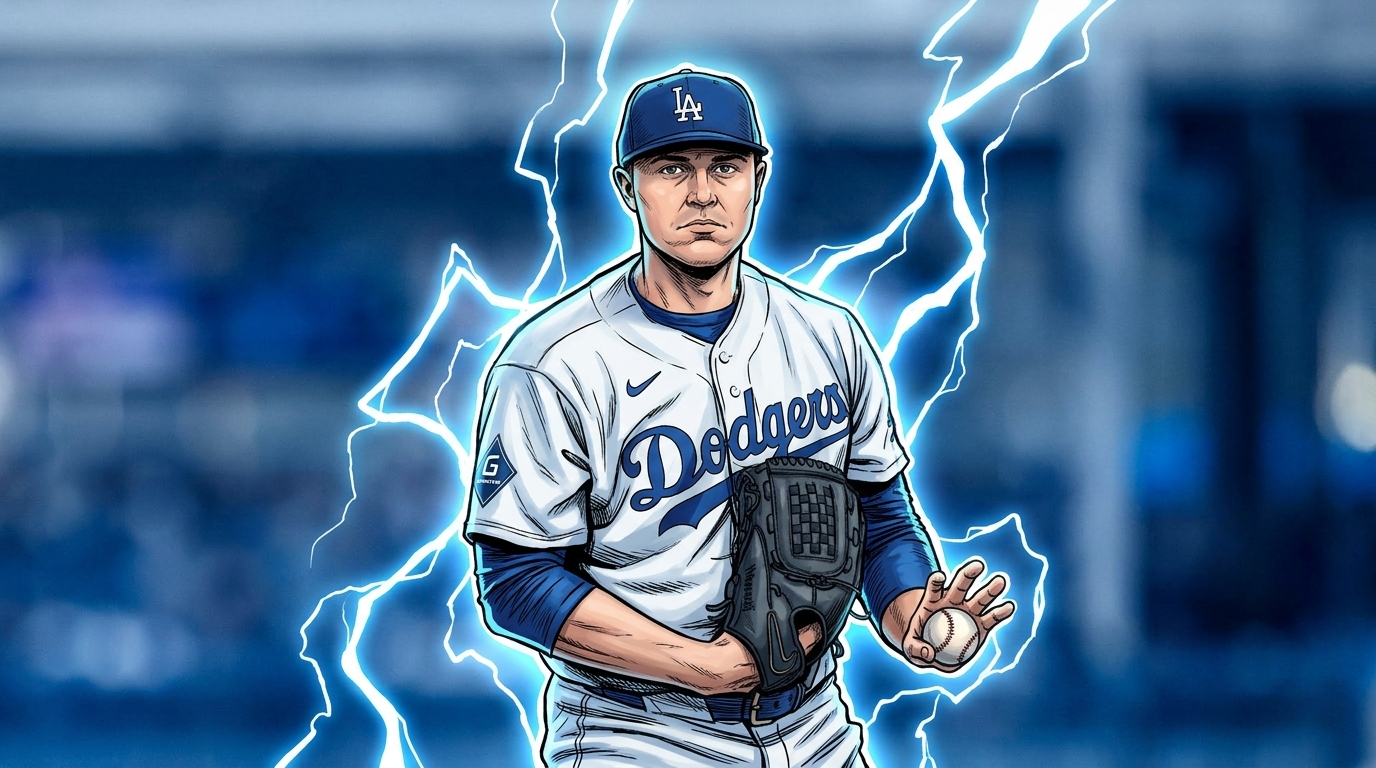 Comic-style illustration of Tarik Skubal in Los Angeles Dodgers home whites with an electric energy lightning effect at Dodger Stadium