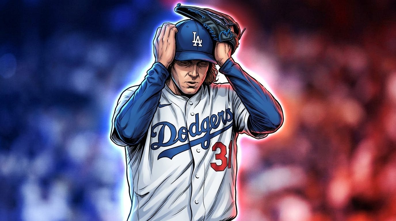 Comic-style illustration of Tyler Glasnow adjusting his Dodgers cap with both hands, white home jersey, blue and red neon rim glow over the blurred Dodger Stadium crowd background