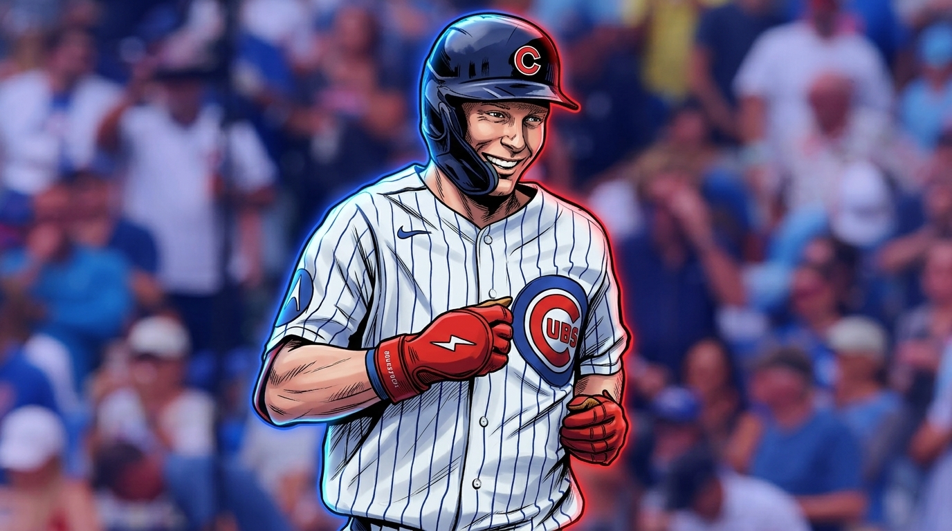 Comic-style illustration of Pete Crow-Armstrong smiling in his Chicago Cubs home pinstripe uniform with a neon rim glow effect against a blue-tinted Wrigley Field crowd backdrop