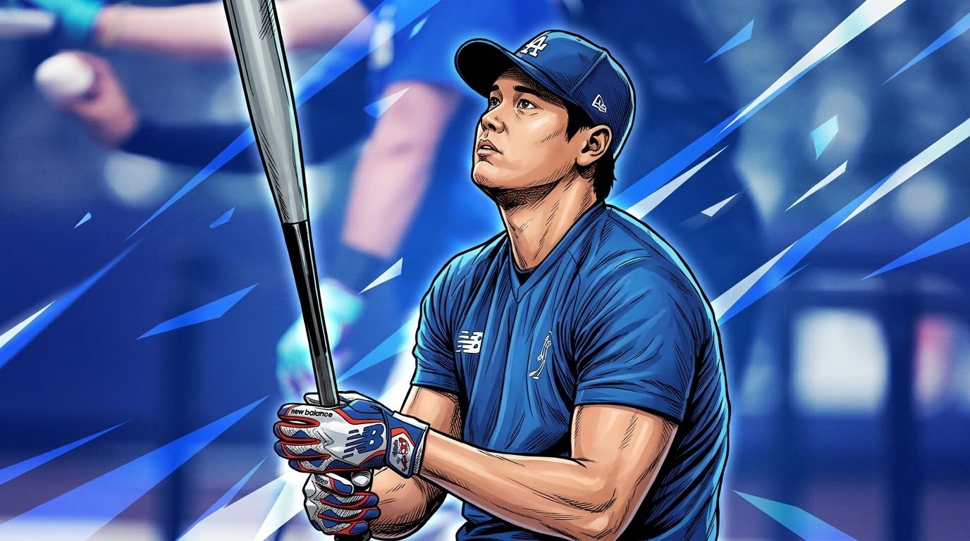 Comic-style illustration of Shohei Ohtani in Dodgers blue batting-practice gear holding a bat upright, geometric light-streak effect in blue and white over a blurred stadium background — editorial image for MLB payroll coverage.