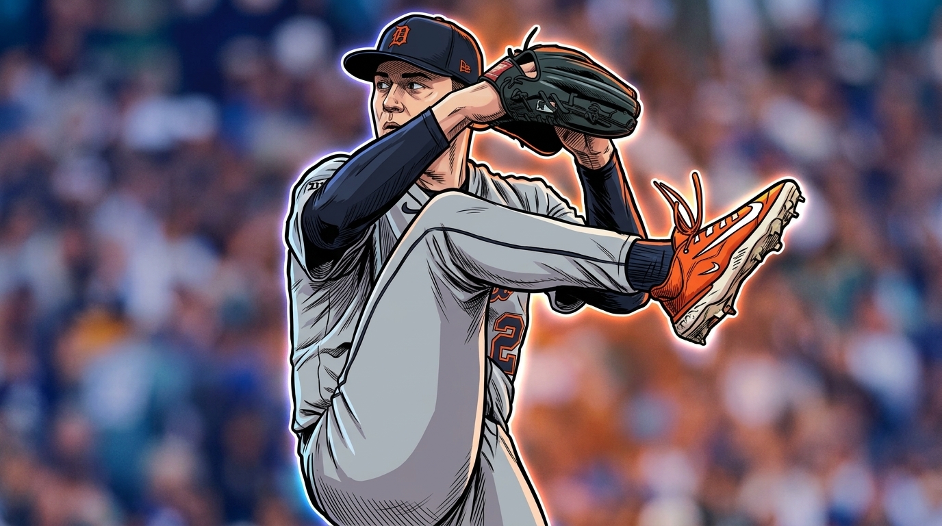 Tarik Skubal Detroit Tigers pitching wind-up comic book style
