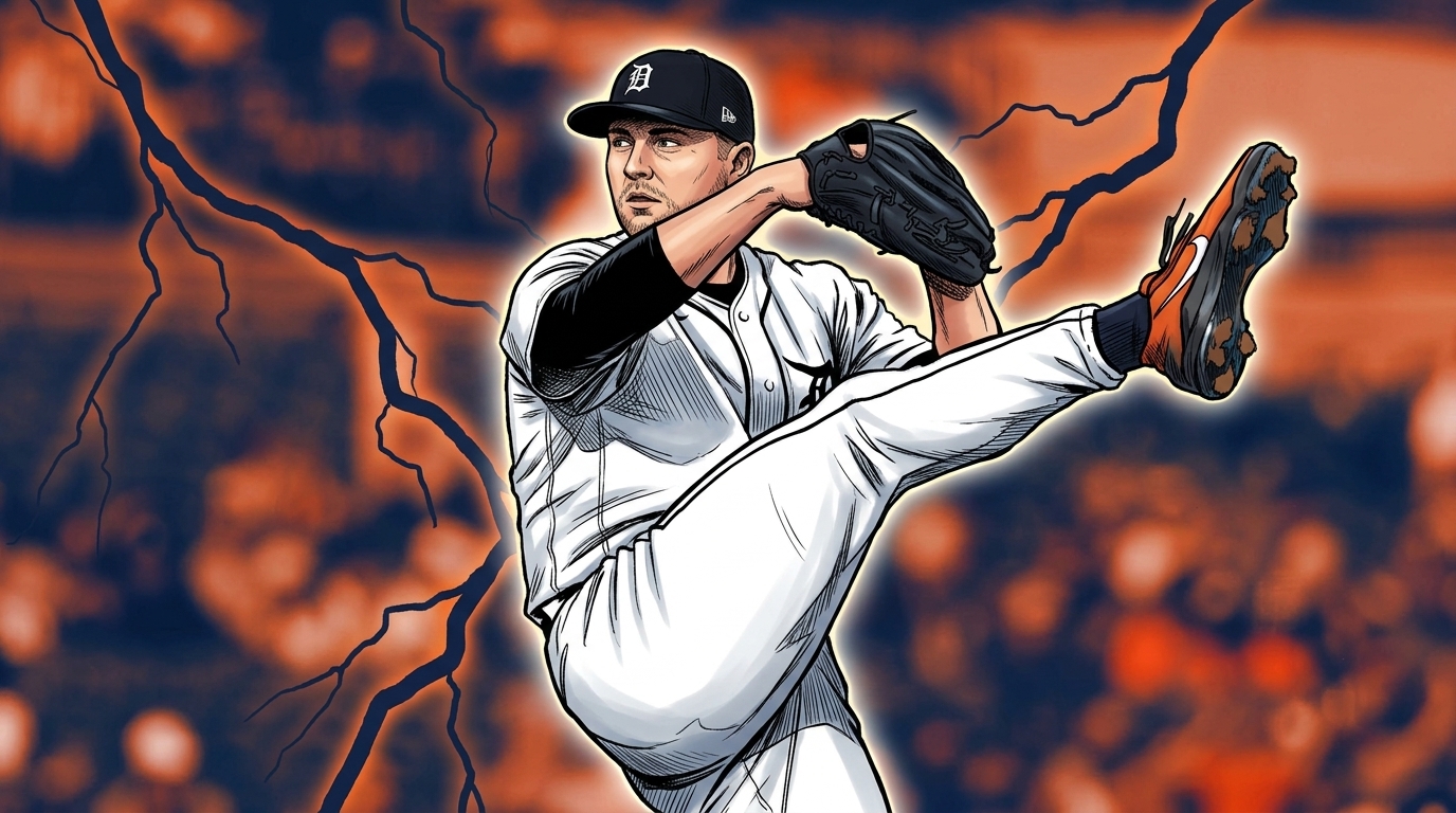 Comic-style illustration of Tarik Skubal mid-pitch in his Detroit Tigers uniform