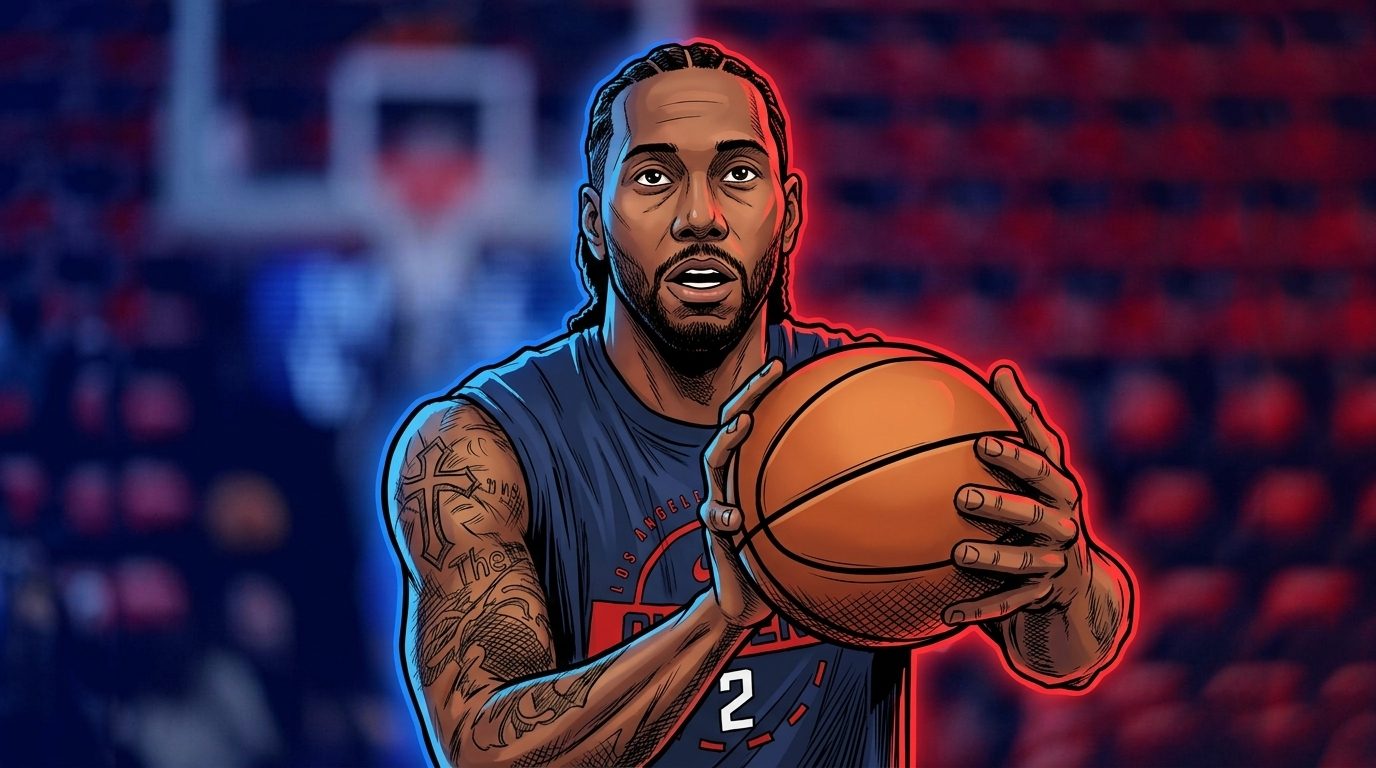 Comic-style illustration of Kawhi Leonard in a navy Clippers warm-up shirt holding a basketball, neon rim glow lighting