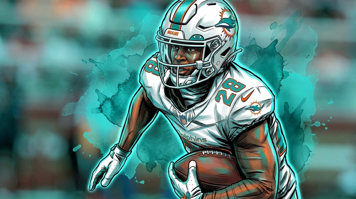 Comic-style illustration of Miami Dolphins running back De'Von Achane carrying the football in his white jersey, teal ink-wash effect over a blurred stadium crowd background.