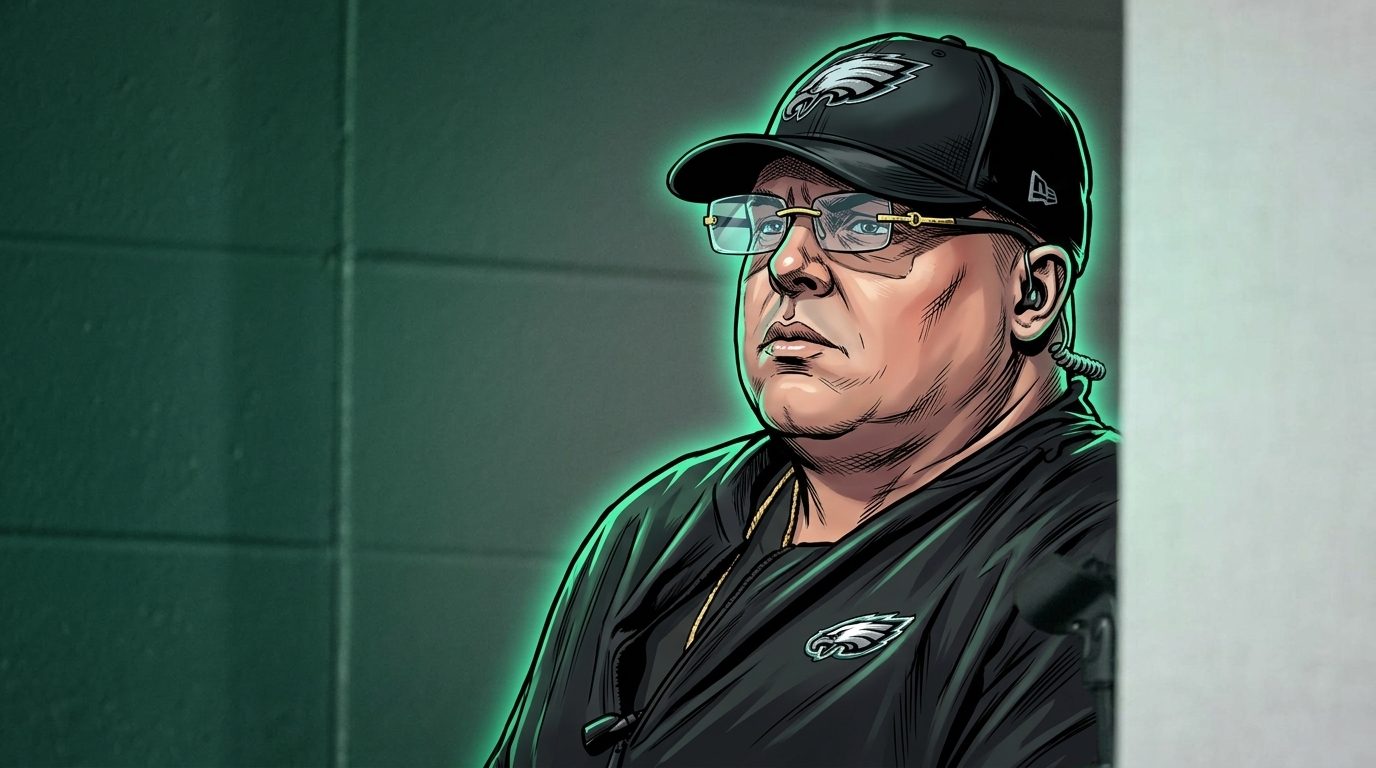 Comic-style illustration of Dom DiSandro in a black Eagles cap and jacket, neon rim glow effect in green over a tunnel hallway background