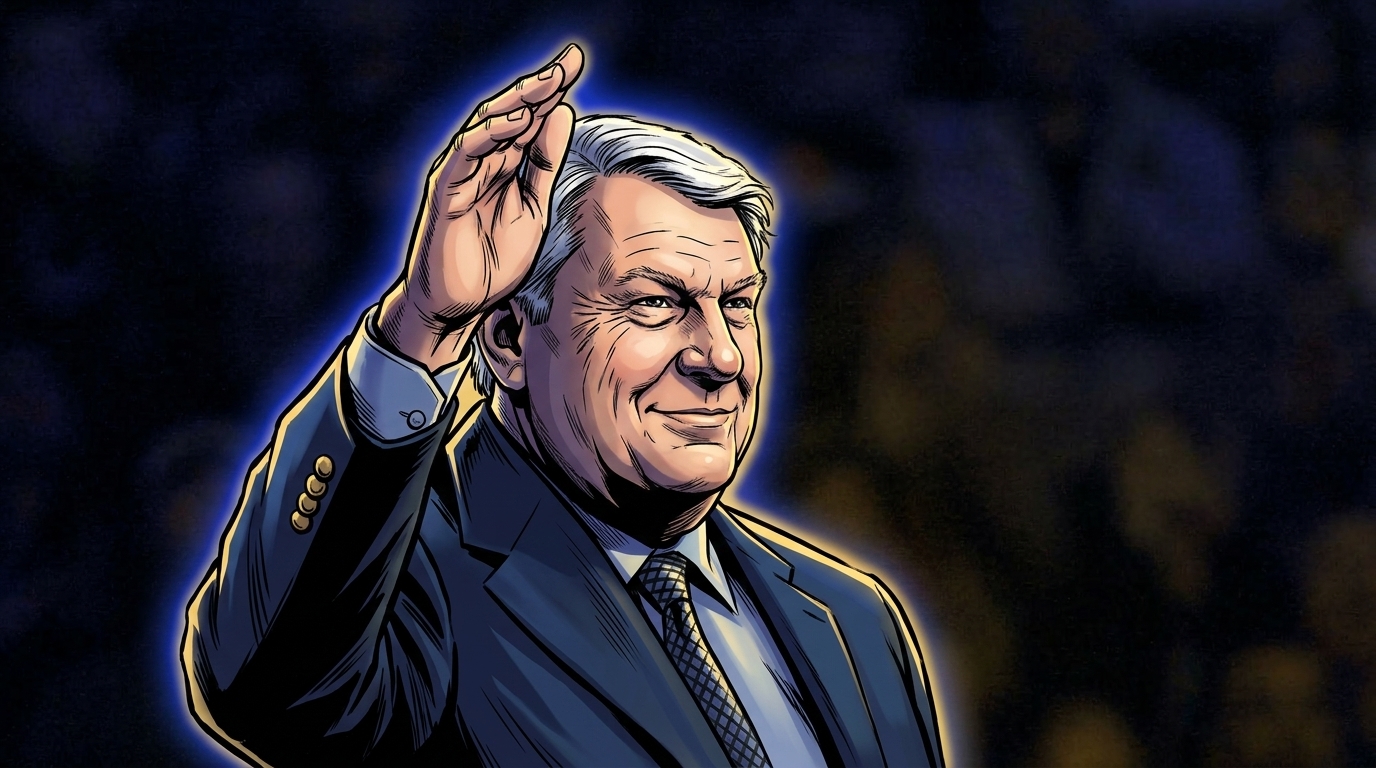 Comic-style illustration of Don Nelson in a dark suit waving, blue and gold neon rim glow effect, blurred arena crowd background