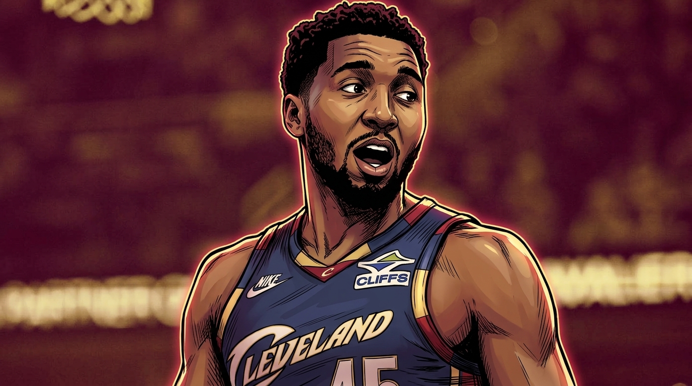 Comic-book style illustration of Donovan Mitchell in a Cleveland Cavaliers jersey