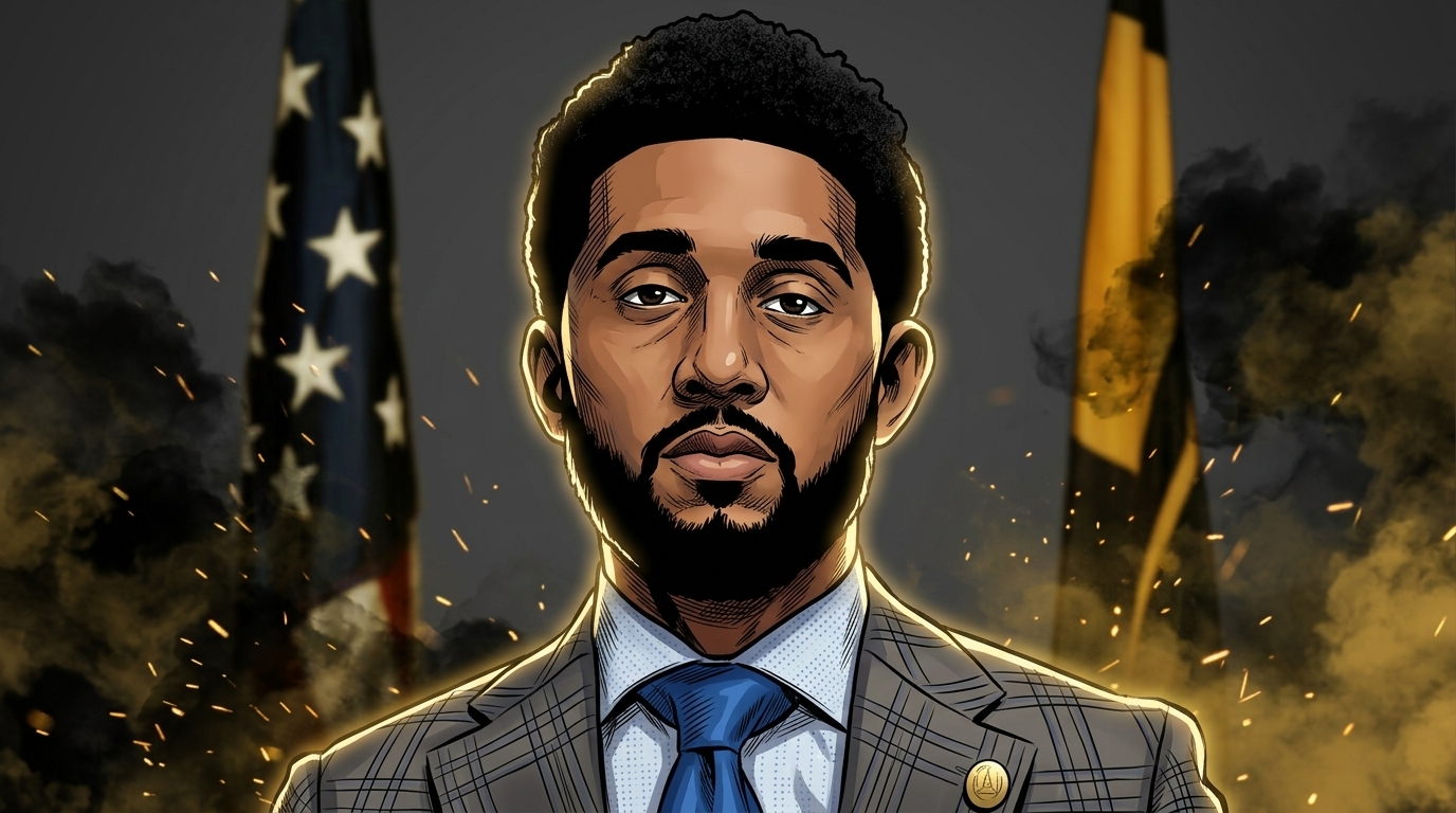 Comic-style illustration of Baltimore Mayor Brandon Scott in a suit and tie in front of American and Baltimore city flags, rendered with a smoke-and-sparks effect