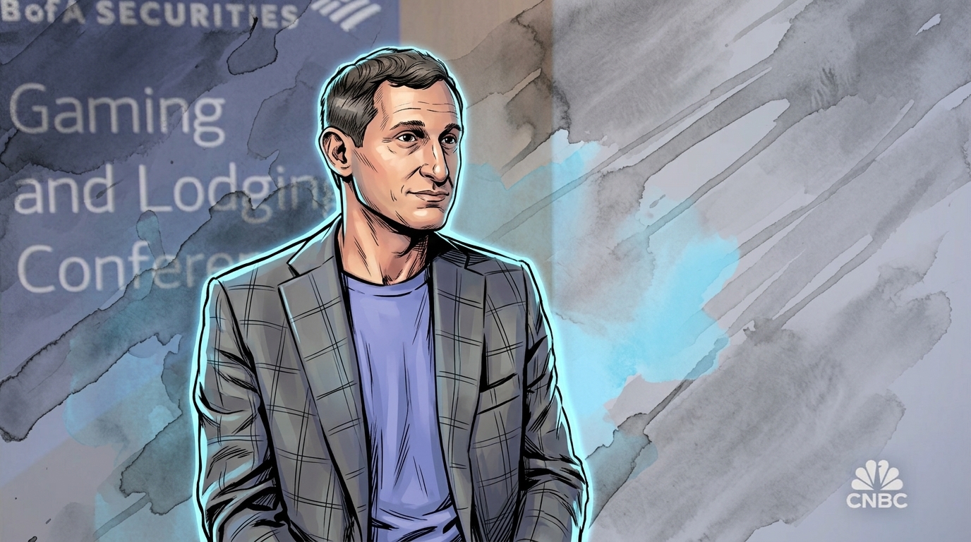 Comic-style ink-wash illustration of DraftKings CEO Jason Robins in a gray plaid blazer at a gaming industry conference