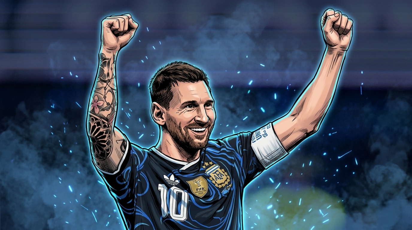 Lionel Messi celebrates in comic art style — Drake Curse World Cup Final — Swipe Sports