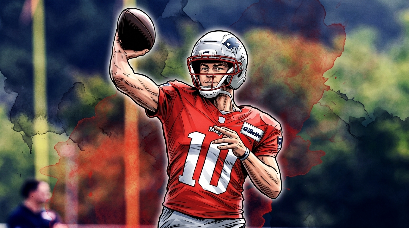 Comic-style illustration of Drake Maye in a red Patriots practice jersey mid-throw, ink wash and watercolor bleed effect over a practice-field background