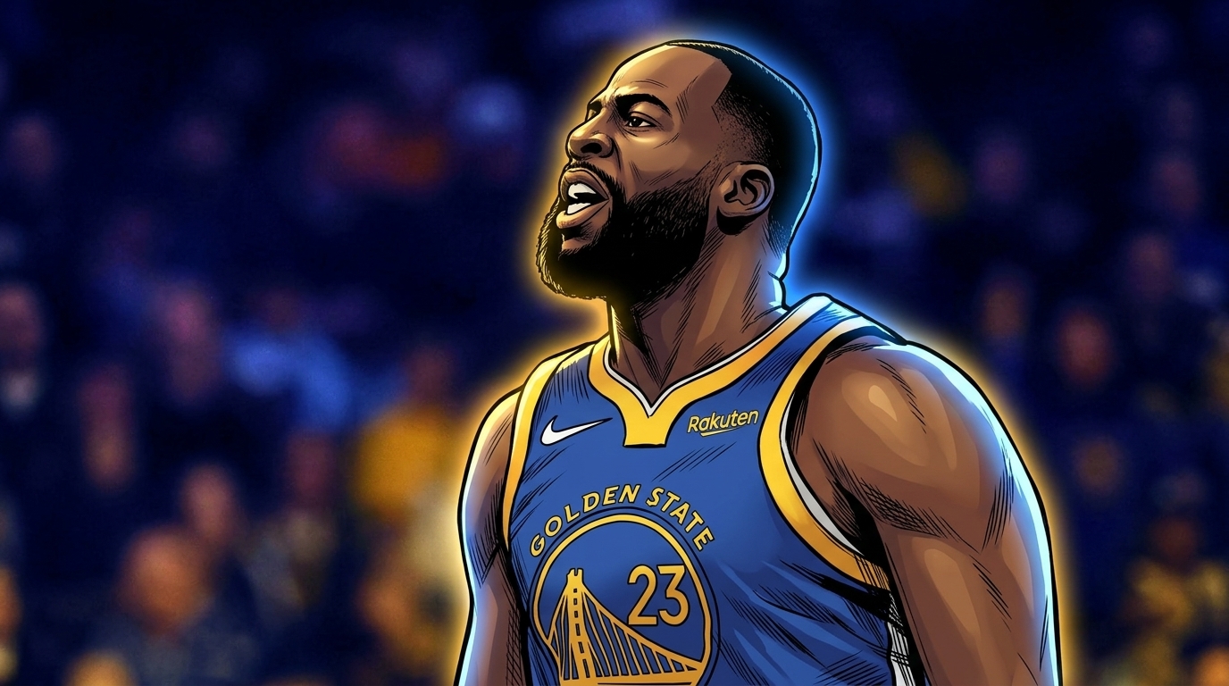 Comic-style illustration of Draymond Green shouting in his Golden State Warriors jersey, outlined in a neon blue rim-glow effect against a blurred arena crowd.