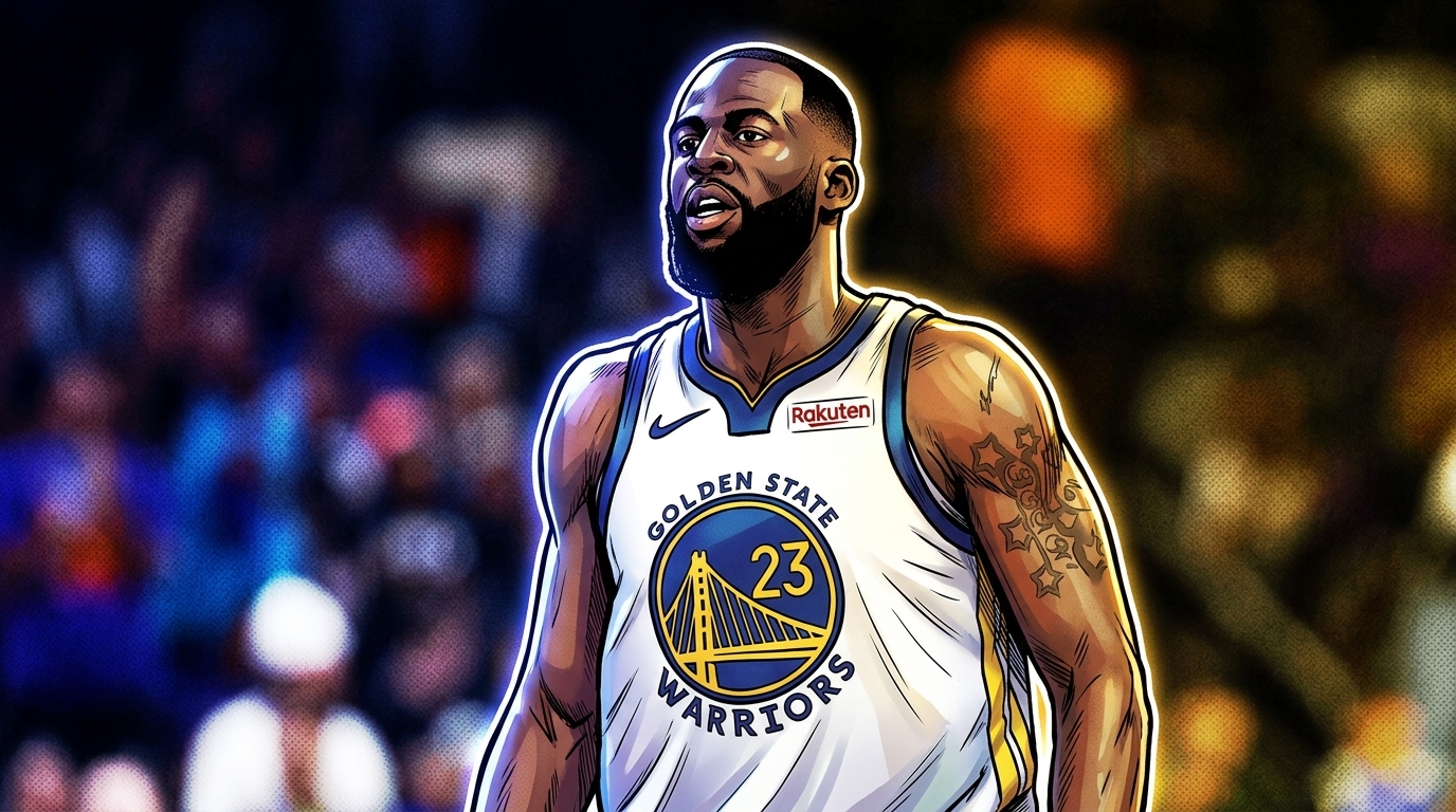 Draymond Green in a white away Warriors jersey, neon rim glow effect