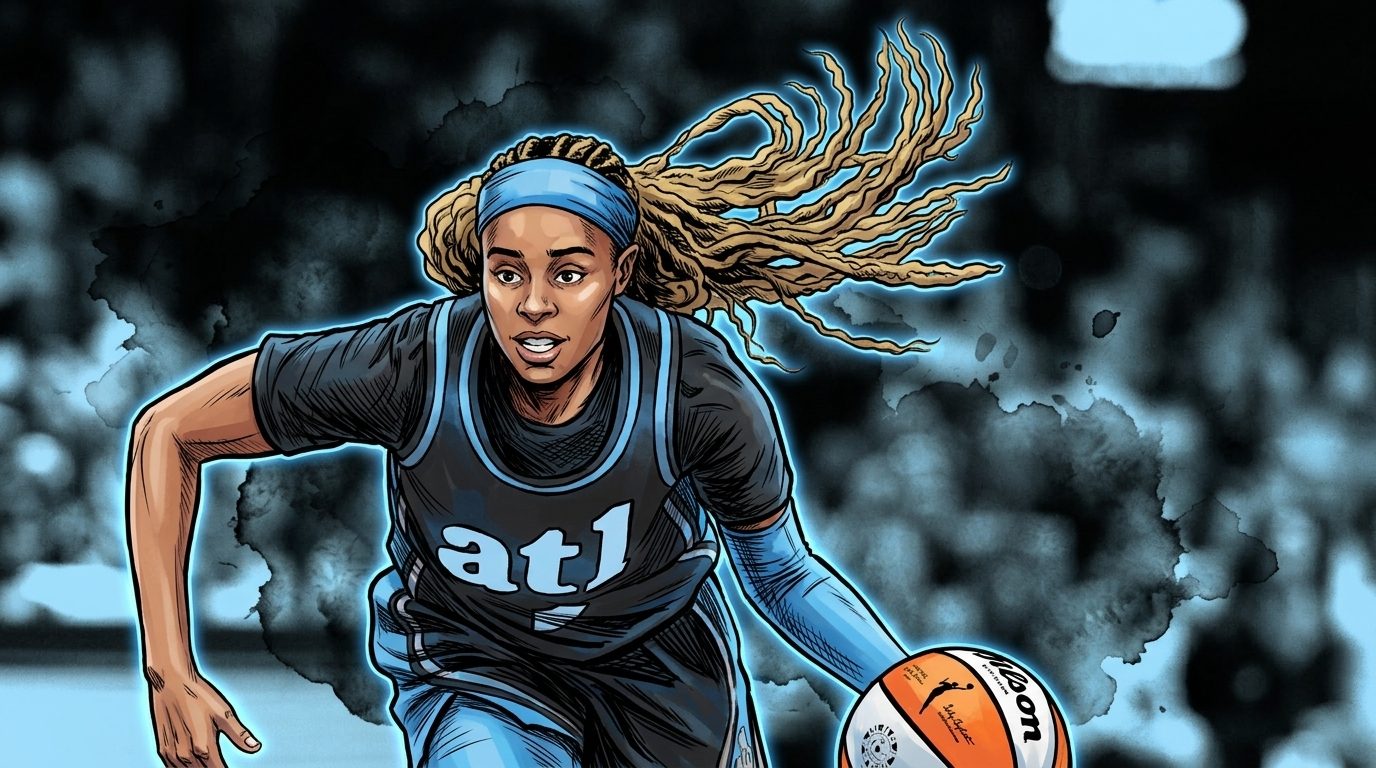 Comic-style illustration of Atlanta Dream guard Jordin Canada driving the ball upcourt in a black and blue 'atl' jersey, braids trailing behind her, blurred crowd in blue ink-wash tones in the background.