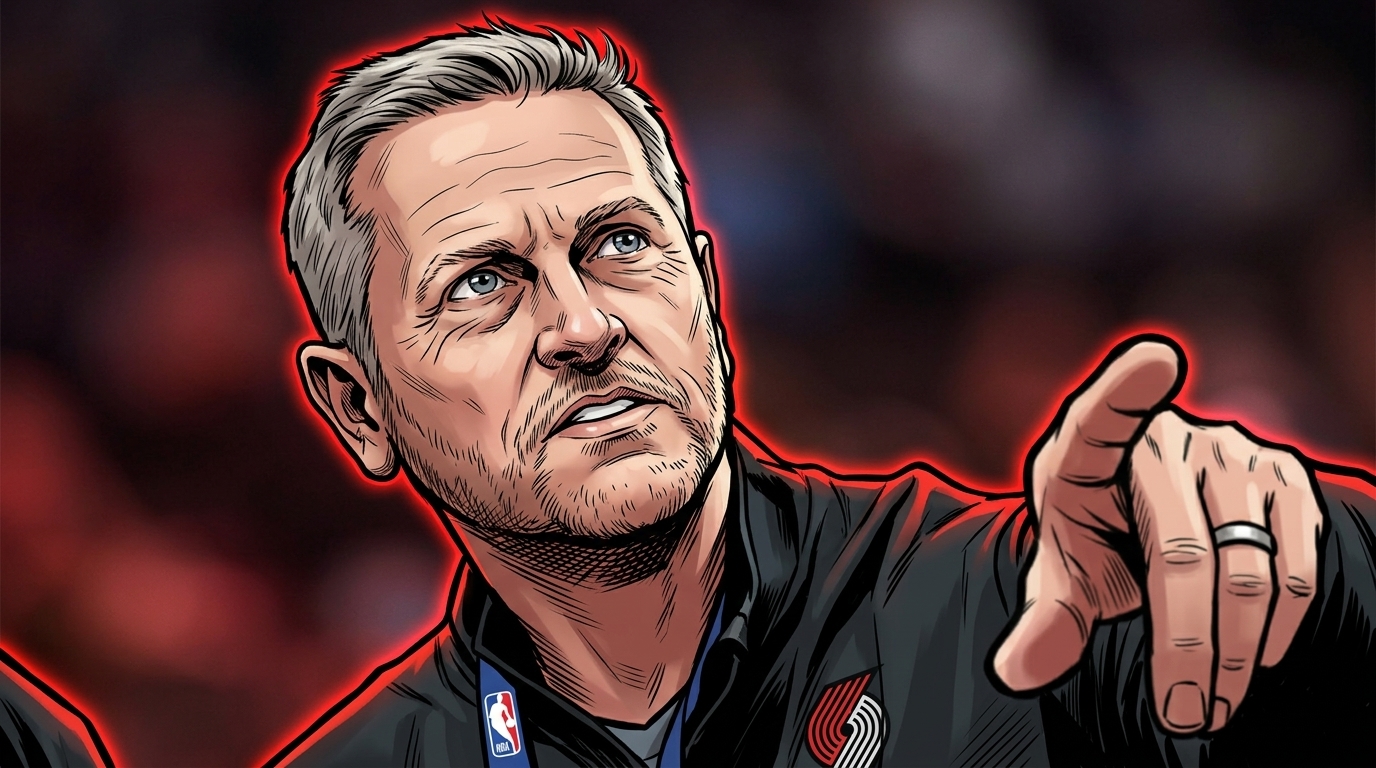 Tom Dundon, Portland Trail Blazers owner, comic-style illustration after gutting the team's broadcast booth