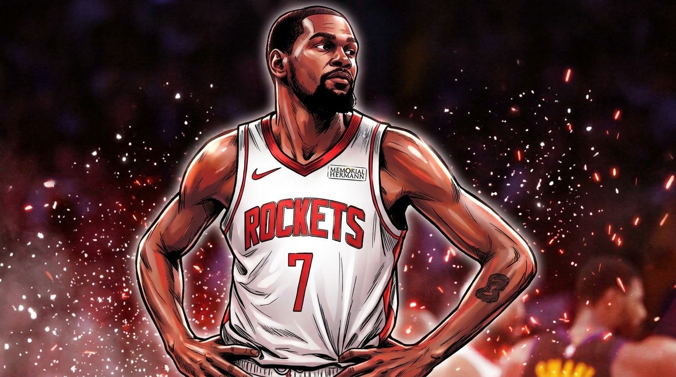 Comic-style illustration of Kevin Durant in a white Houston Rockets jersey with hands on hips, framed by a red particle-and-embers effect over a dark arena background — Swipe Sports