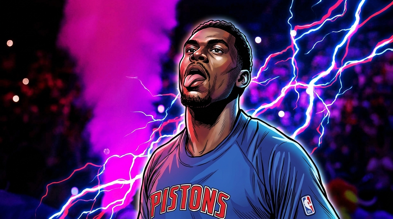 Jalen Duren, Detroit Pistons, comic-styled with electric energy effect ahead of his max contract standoff with Detroit