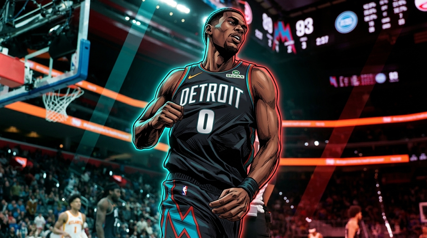 Jalen Duren, Detroit Pistons, comic-styled reacting on court ahead of his restricted free agency standoff
