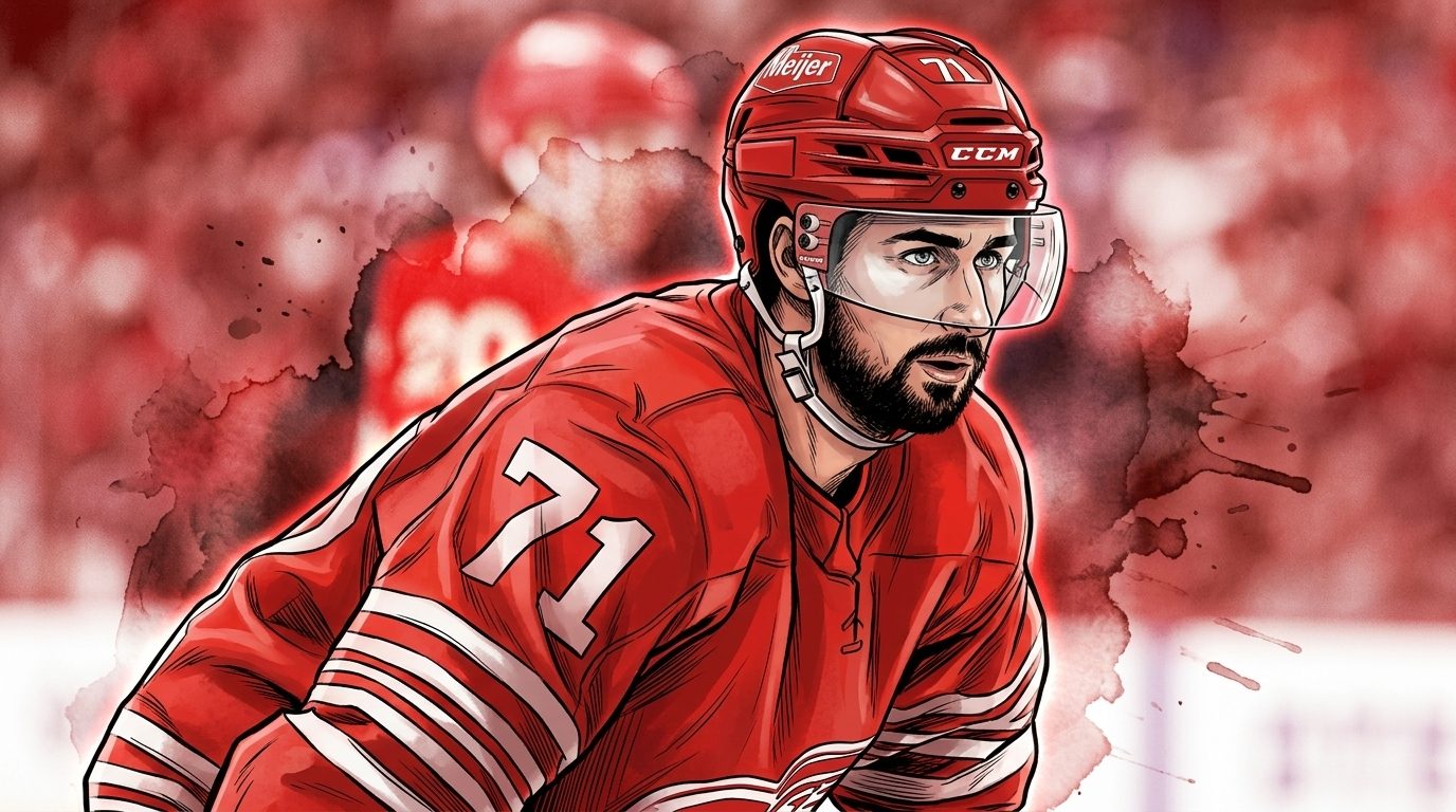 Comic-style illustration of Dylan Larkin in a Detroit Red Wings jersey with an ink wash watercolor bleed effect — Swipe Sports