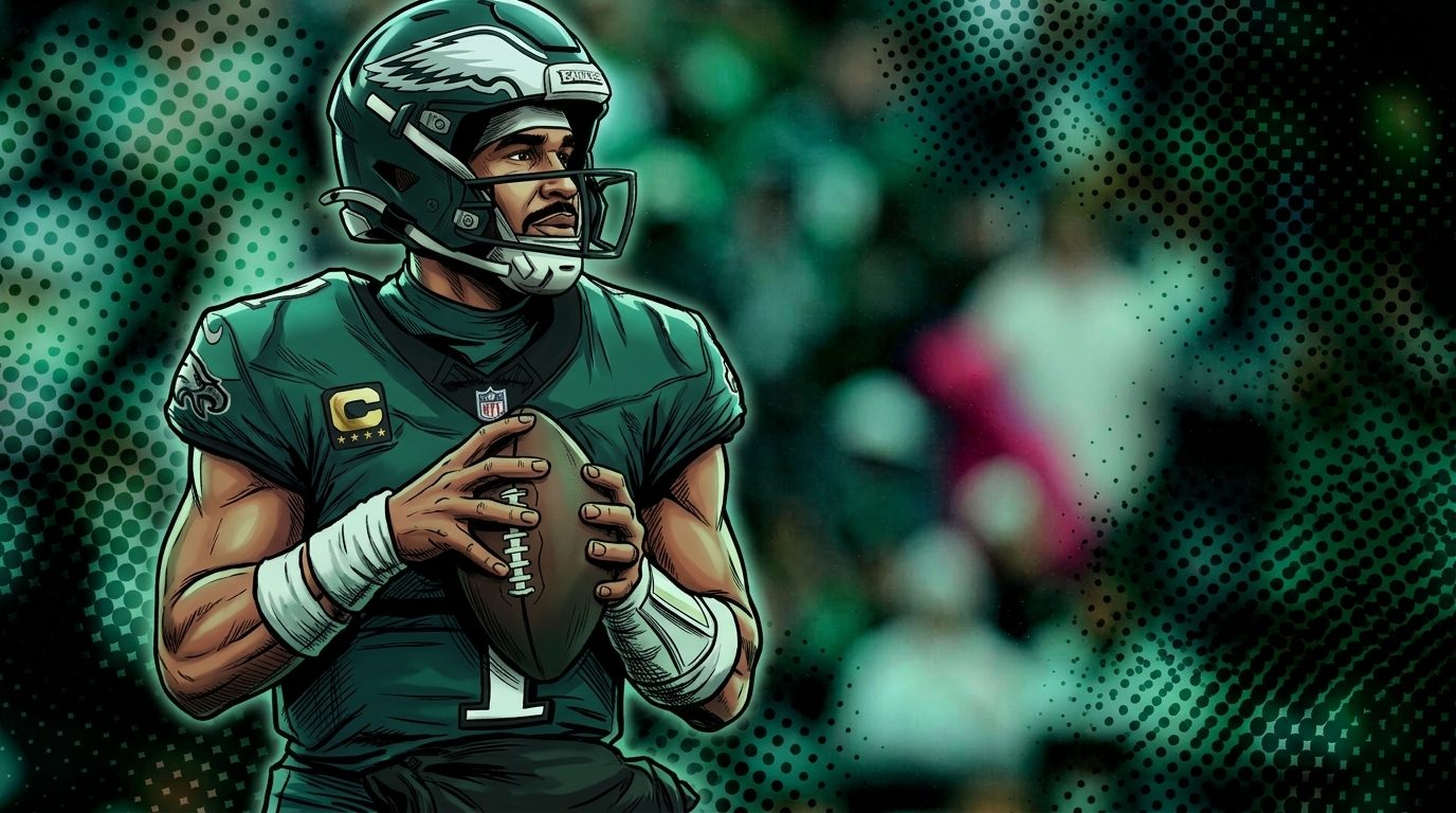 Comic-style illustration of Jalen Hurts dropping back to pass in an Eagles jersey