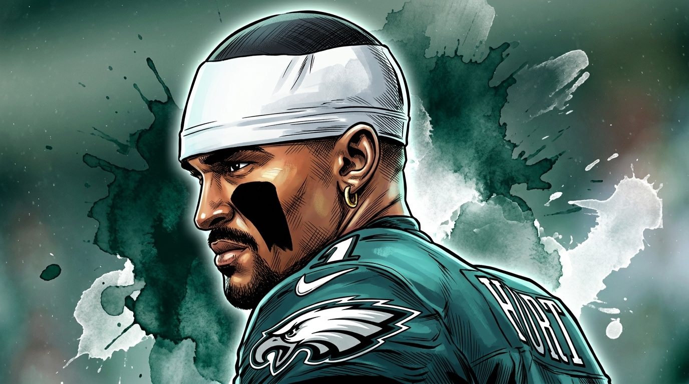 Comic-style ink wash illustration of Jalen Hurts in a Philadelphia Eagles jersey