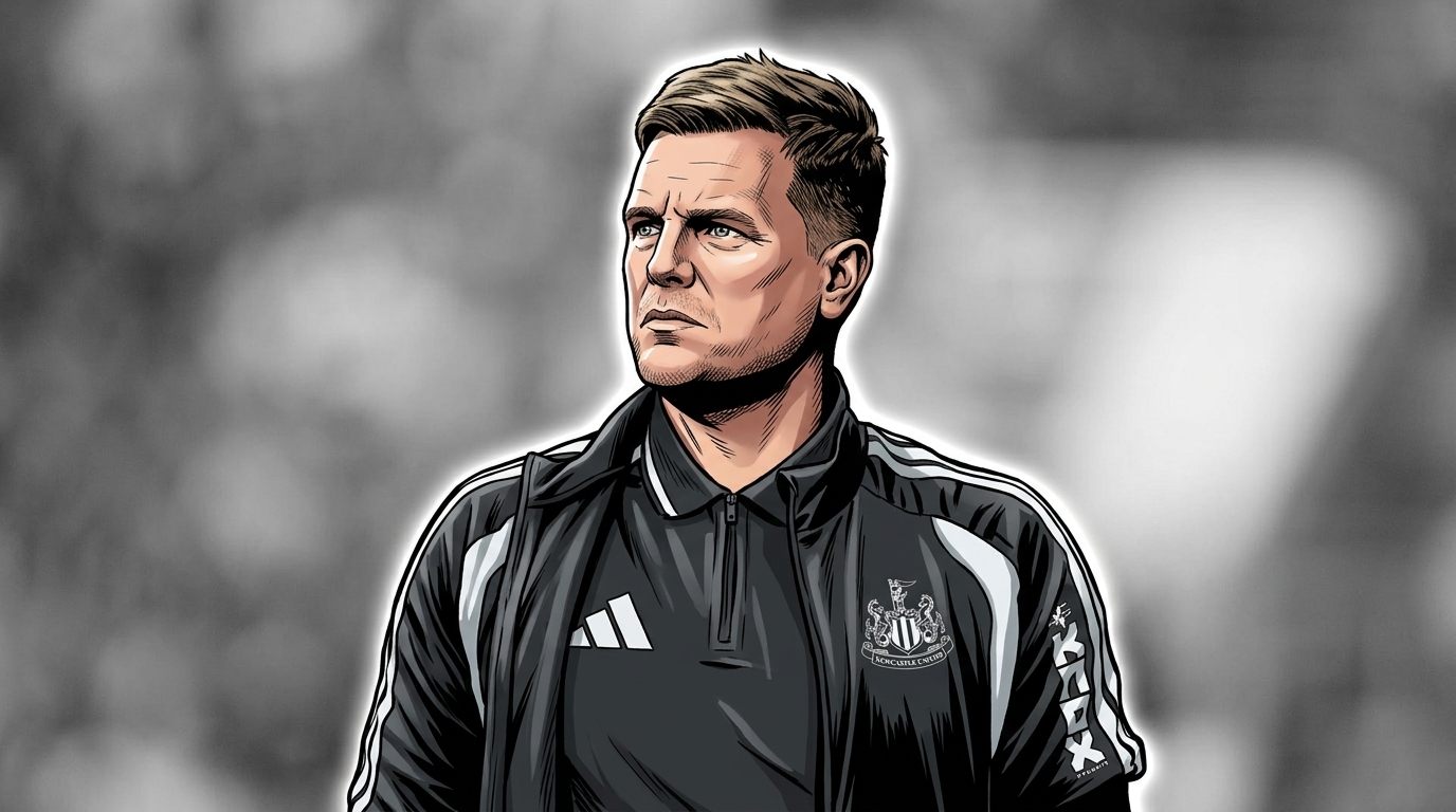 Comic-style illustration of Newcastle United manager Eddie Howe on the touchline in a black training kit